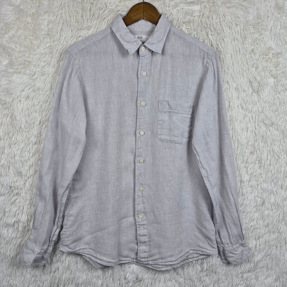 Uniqlo Mens Premium Linen Long Sleeve Button Down Shirt Light Grey Size M